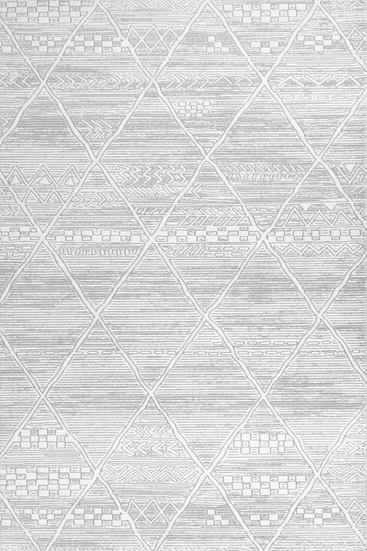 Beyaz Gri Baklava Geometrik Halı - Yıkanabilir - Kaymaz Taban - Pati Dostu