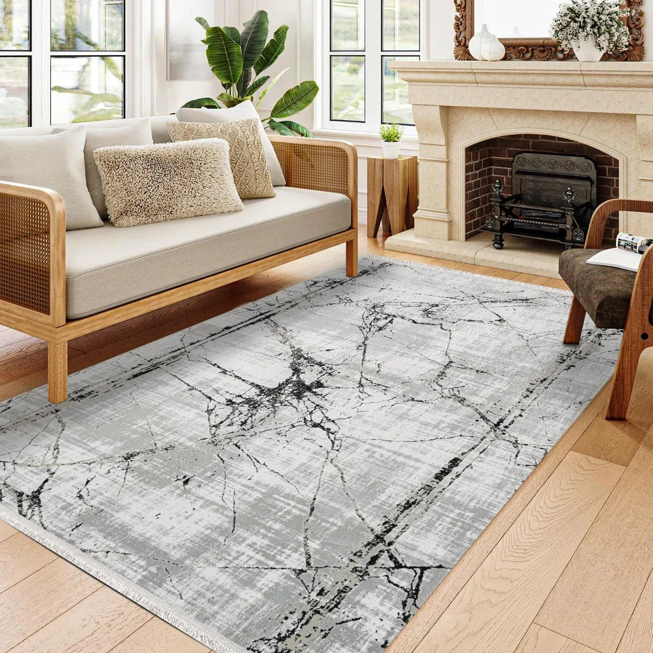 Beyaz Gri Mermer Desenli Minimalist Halı - Yıkanabilir - Kaymaz Taban - Pati Dostu