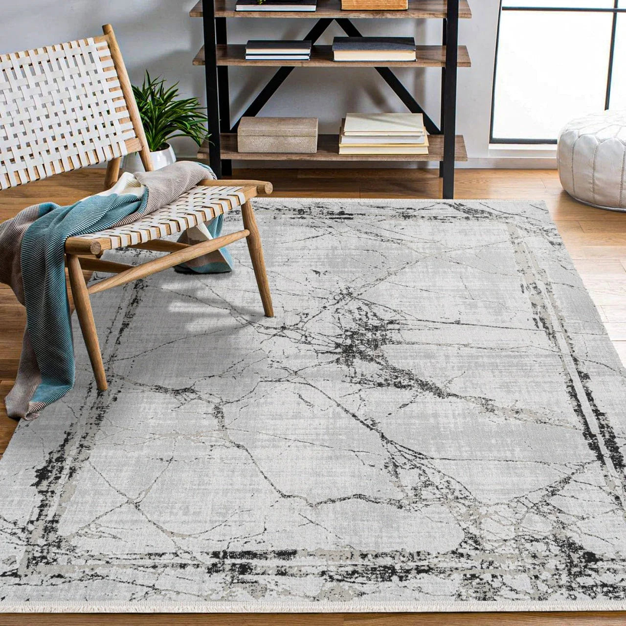 Beyaz Gri Mermer Desenli Minimalist Halı - Yıkanabilir - Kaymaz Taban - Pati Dostu