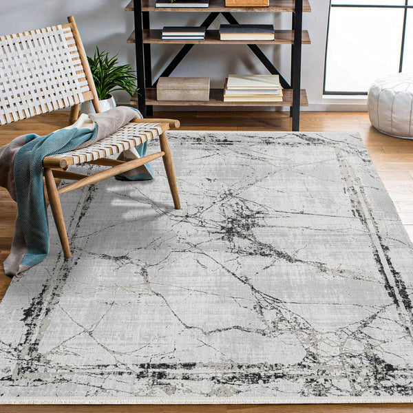 Beyaz Gri Mermer Desenli Minimalist Halı - Yıkanabilir - Kaymaz Taban - Pati Dostu