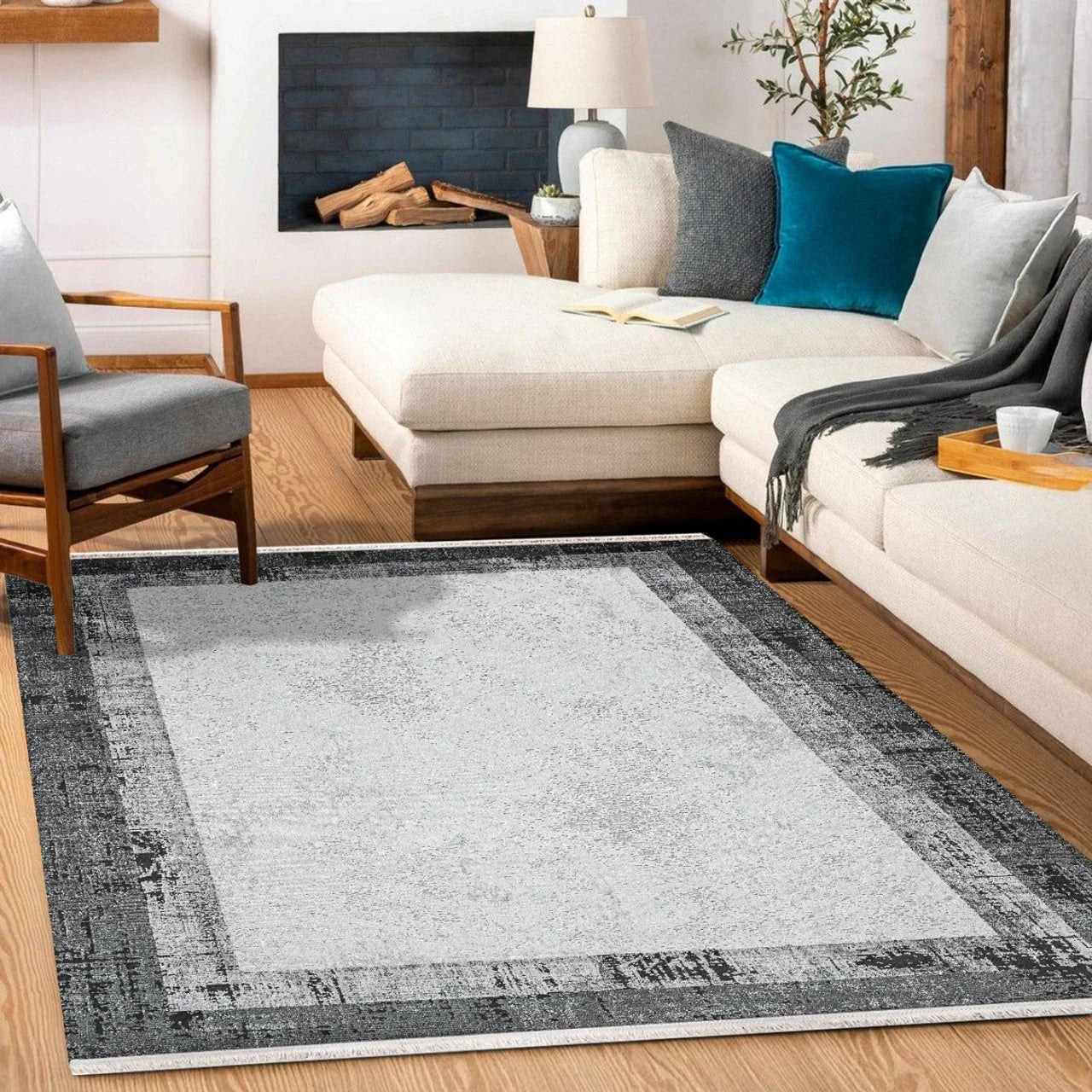 Beyaz Gri Eskitme Minimalist Halı - Yıkanabilir - Kaymaz Taban - Pati Dostu