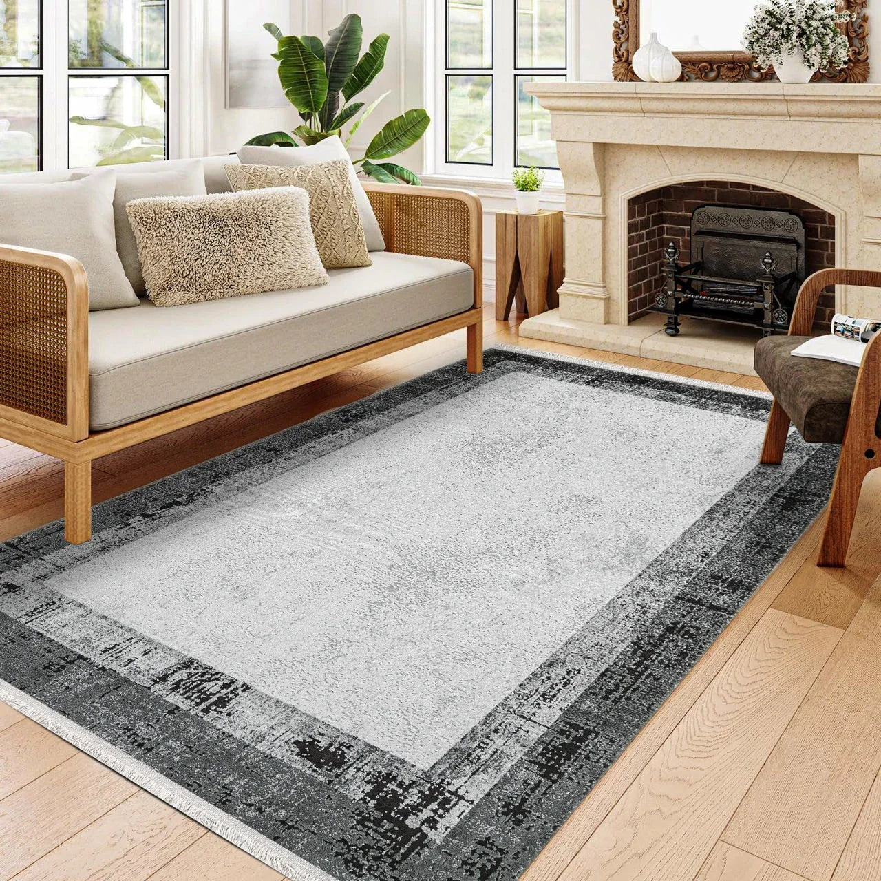 Beyaz Gri Eskitme Minimalist Halı - Yıkanabilir - Kaymaz Taban - Pati Dostu