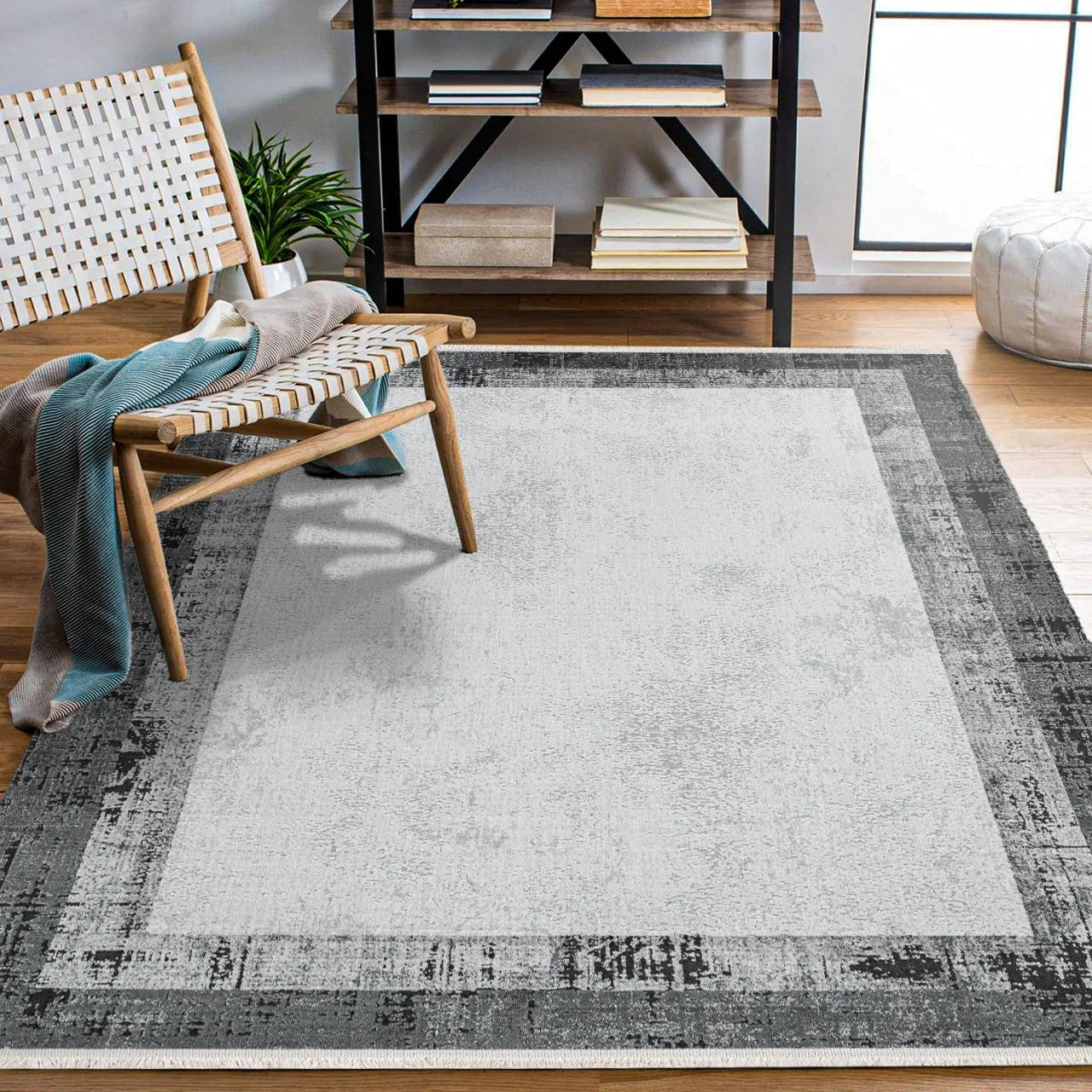 Beyaz Gri Eskitme Minimalist Halı - Yıkanabilir - Kaymaz Taban - Pati Dostu