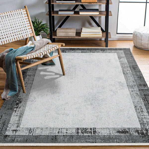 Beyaz Gri Eskitme Minimalist Halı - Yıkanabilir - Kaymaz Taban - Pati Dostu