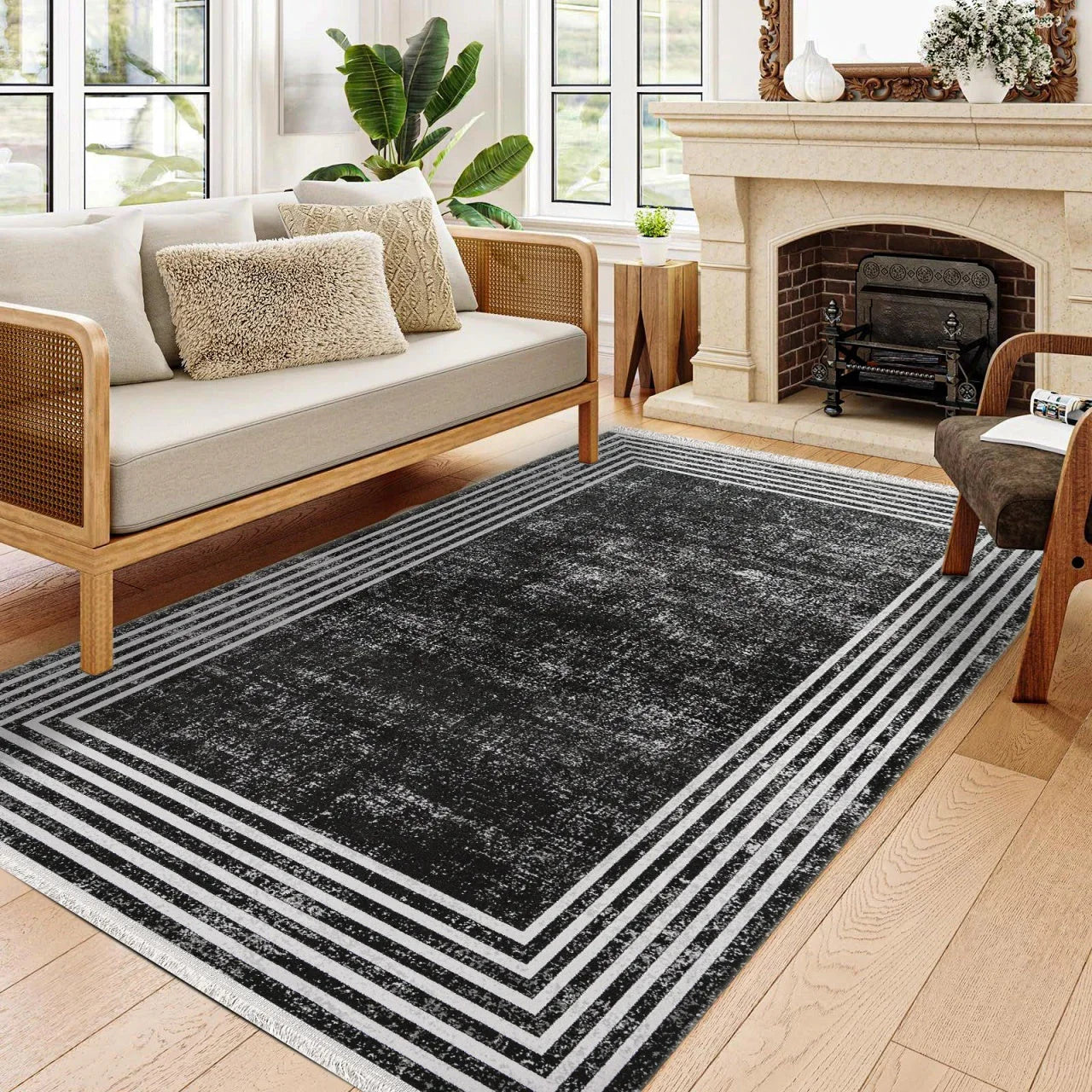 Antrasit Gri Geometrik Minimalist Halı - Yıkanabilir - Kaymaz Taban - Pati Dostu
