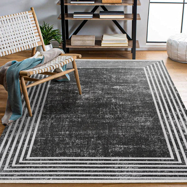 Antrasit Gri Geometrik Minimalist Halı - Yıkanabilir - Kaymaz Taban - Pati Dostu