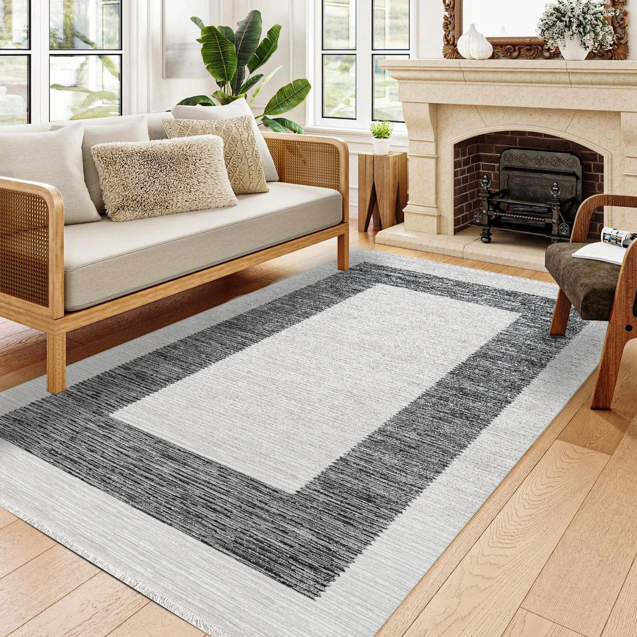Beyaz Ekru Bordürlü Minimalist Halı - Yıkanabilir - Kaymaz Taban - Pati Dostu