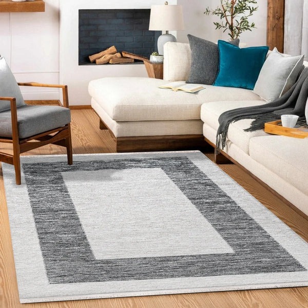 Beyaz Ekru Bordürlü Minimalist Halı - Yıkanabilir - Kaymaz Taban - Pati Dostu