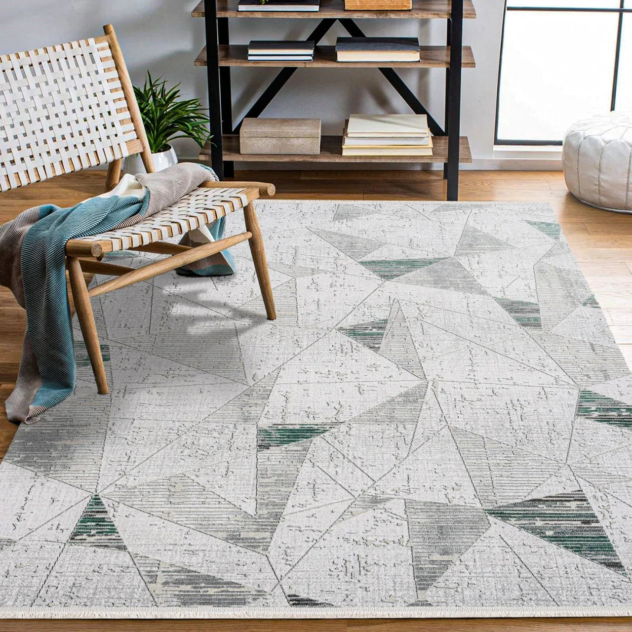 Beyaz Gri Blok Desenli Geometrik Halı - Yıkanabilir - Kaymaz Taban - Pati Dostu