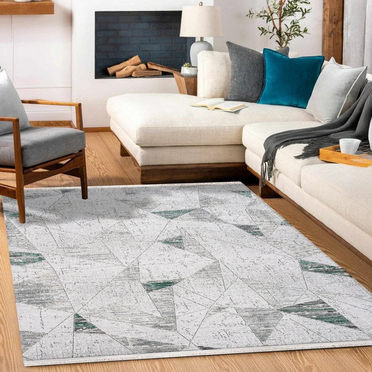 Beyaz Gri Blok Desenli Geometrik Halı - Yıkanabilir - Kaymaz Taban - Pati Dostu