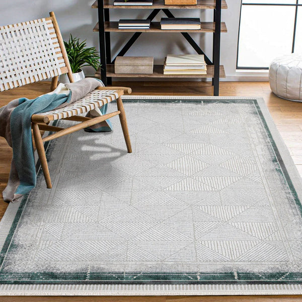 Beyaz Gri Geometrik Minimalist Halı - Yıkanabilir - Kaymaz Taban - Pati Dostu