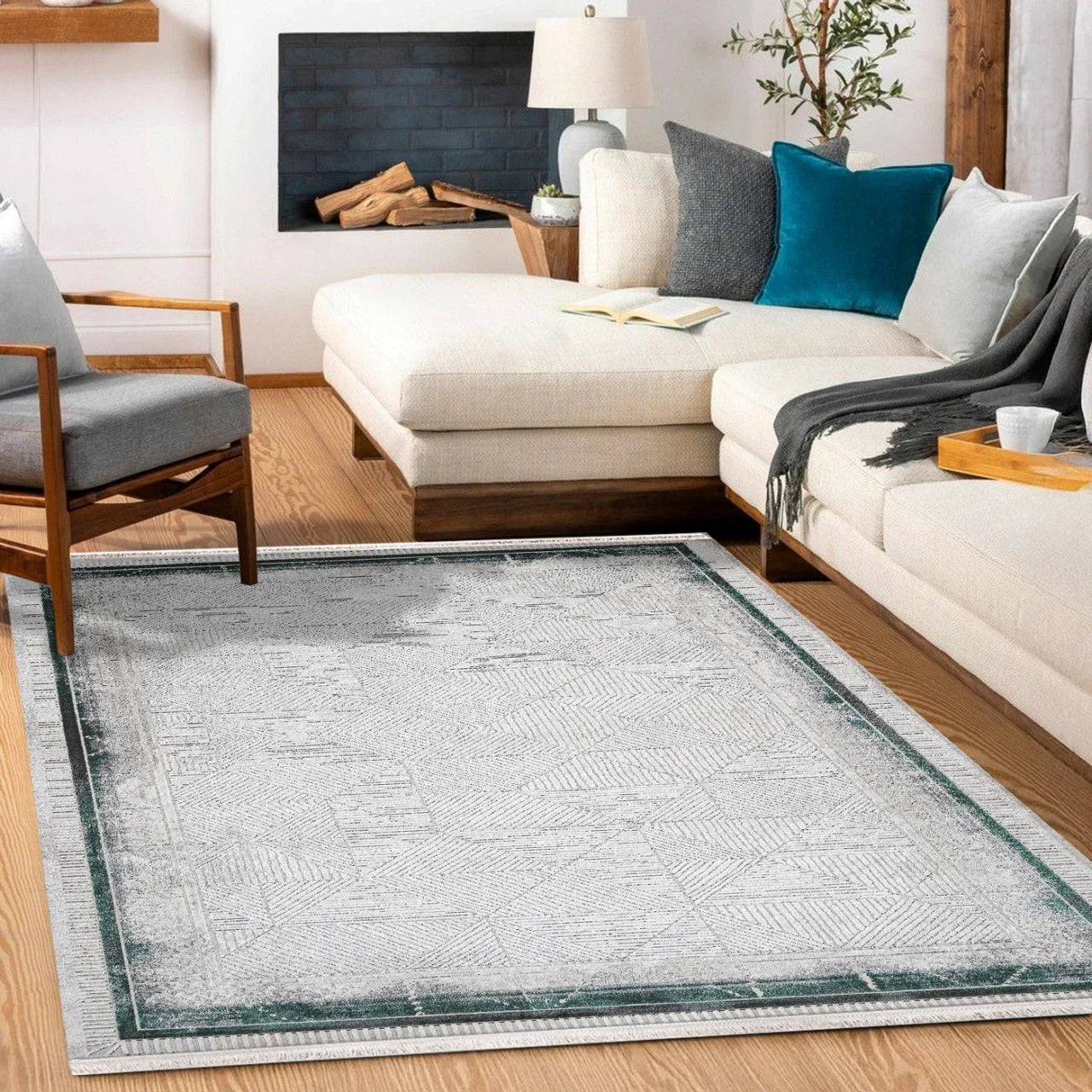 Beyaz Gri Geometrik Minimalist Halı - Yıkanabilir - Kaymaz Taban - Pati Dostu
