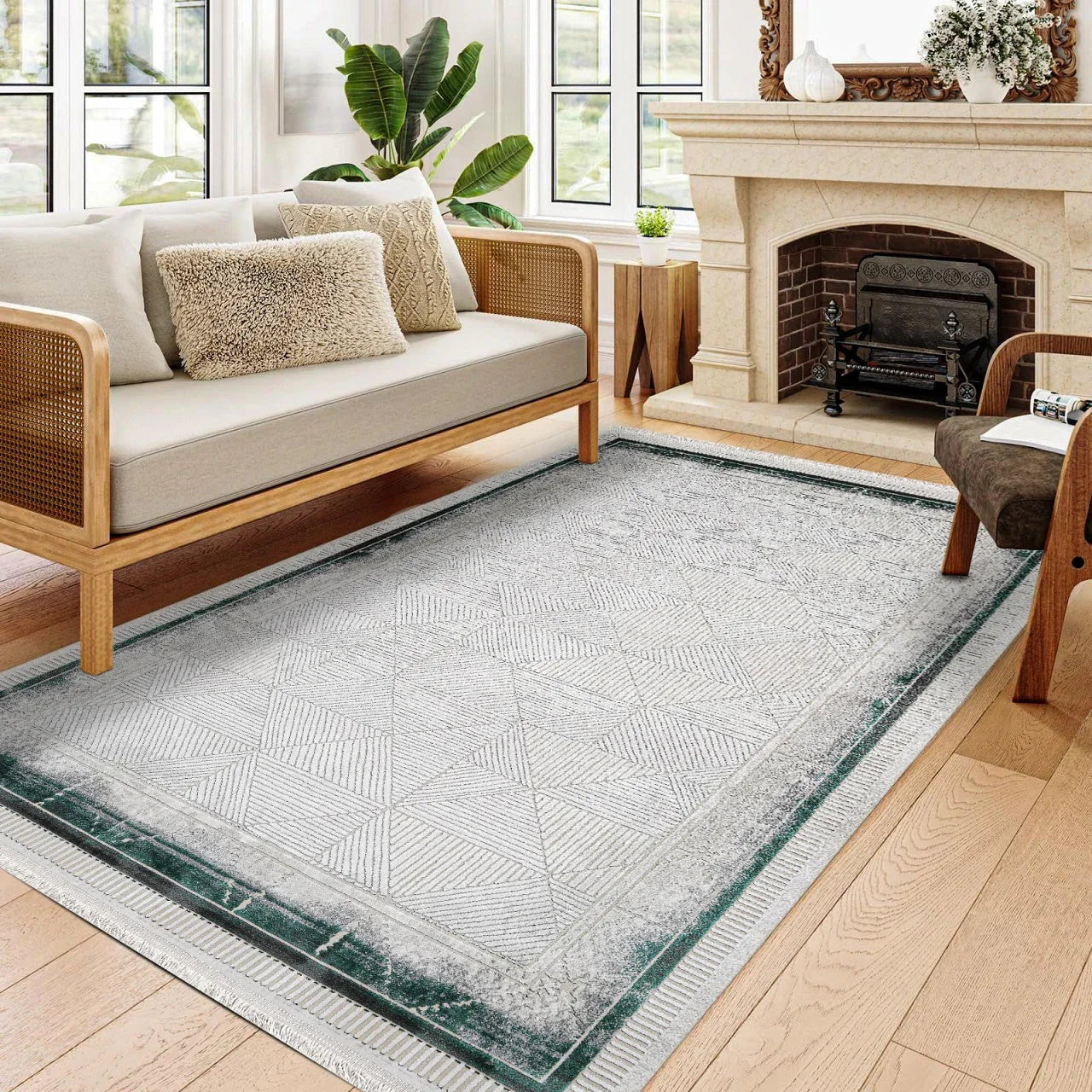 Beyaz Gri Geometrik Minimalist Halı - Yıkanabilir - Kaymaz Taban - Pati Dostu