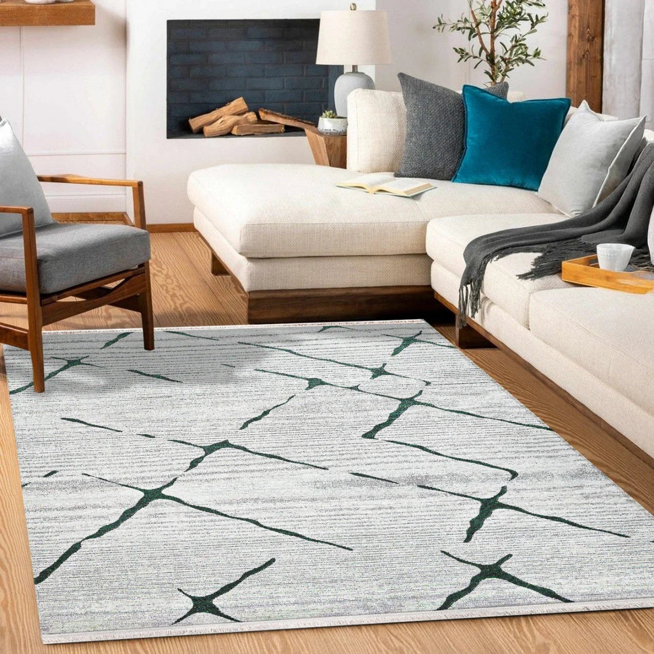Antrasit Gri Geometrik Minimalist Halı - Yıkanabilir - Kaymaz Taban - Pati Dostu