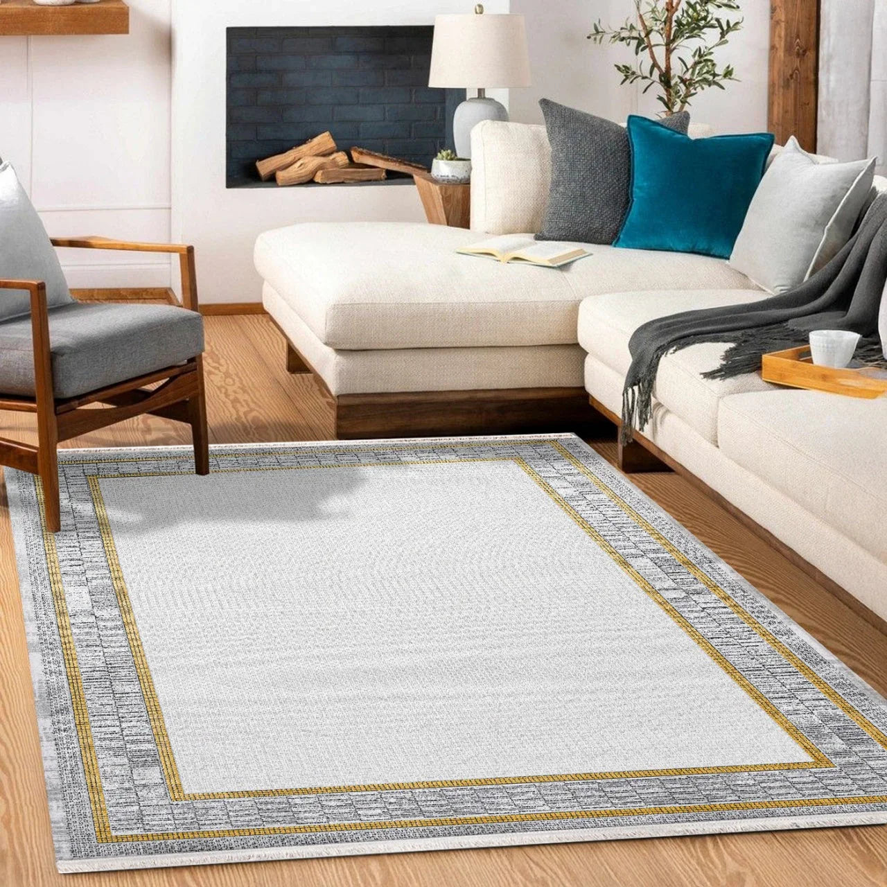 Beyaz Gold Bordürlü Minimalist Halı - Yıkanabilir - Kaymaz Taban - Pati Dostu