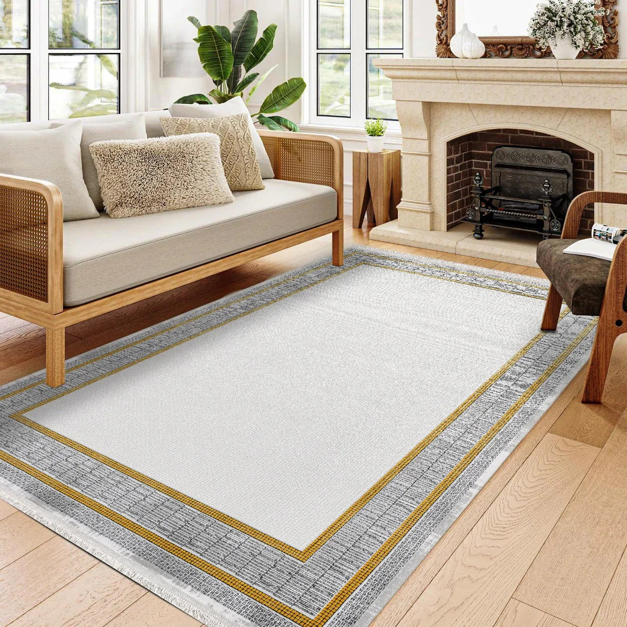 Beyaz Gold Bordürlü Minimalist Halı - Yıkanabilir - Kaymaz Taban - Pati Dostu