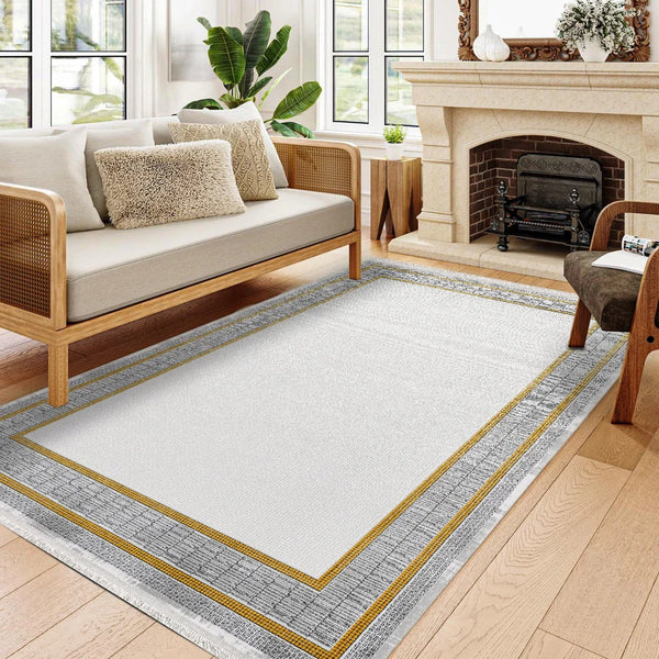 Beyaz Gold Bordürlü Minimalist Halı - Yıkanabilir - Kaymaz Taban - Pati Dostu