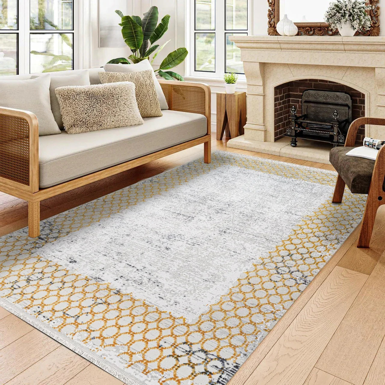 Beyaz Gold Damalı Geometrik Halı - Yıkanabilir - Kaymaz Taban - Pati Dostu