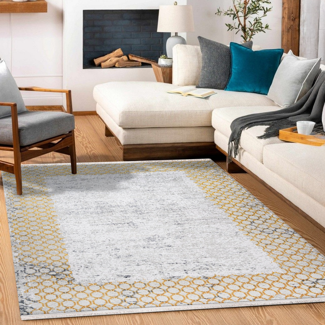 Beyaz Gold Damalı Geometrik Halı - Yıkanabilir - Kaymaz Taban - Pati Dostu