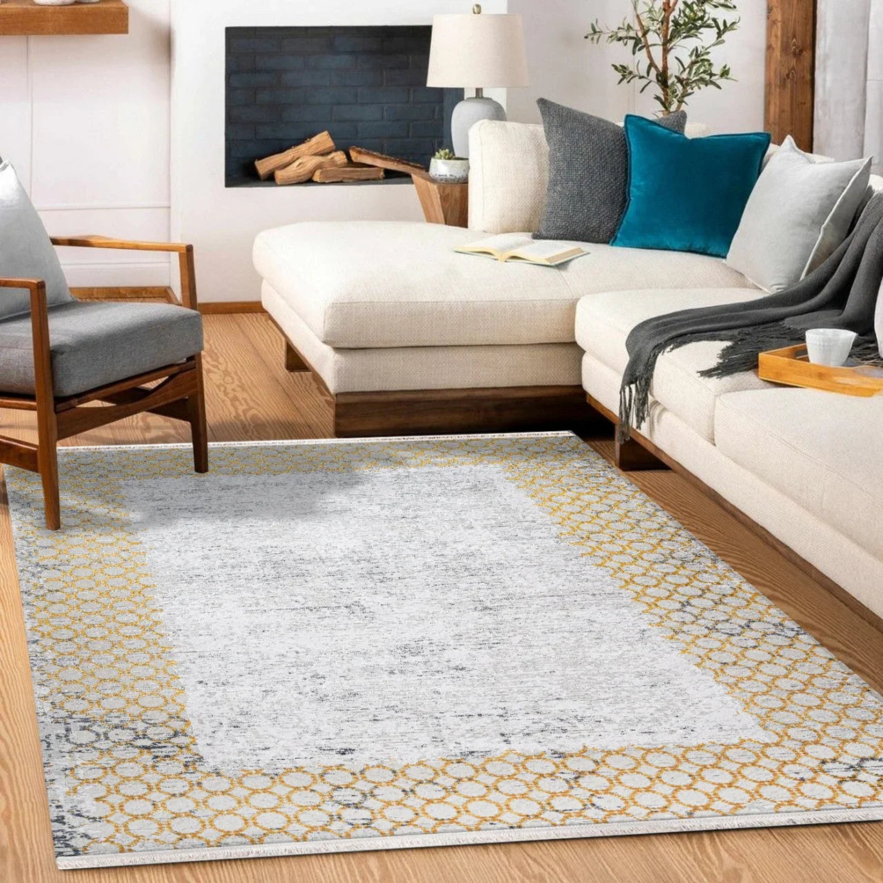 Beyaz Gold Damalı Geometrik Halı - Yıkanabilir - Kaymaz Taban - Pati Dostu