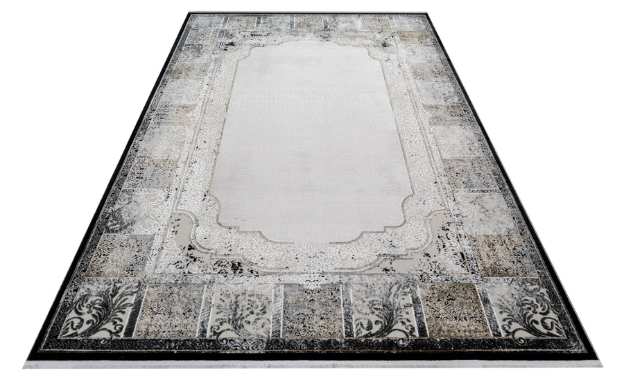 Grey Geometric Area Rug with Distressed Look – in the living room