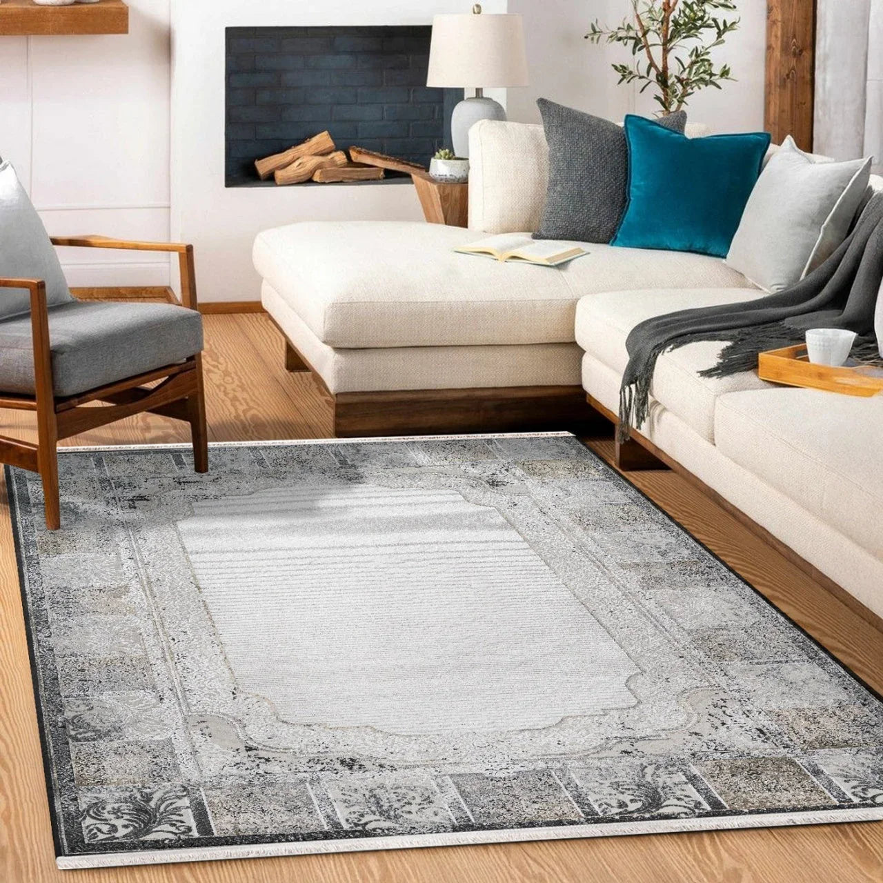 Antrasit Gri Bordürlü Minimalist Halı - Yıkanabilir - Kaymaz Taban - Pati Dostu