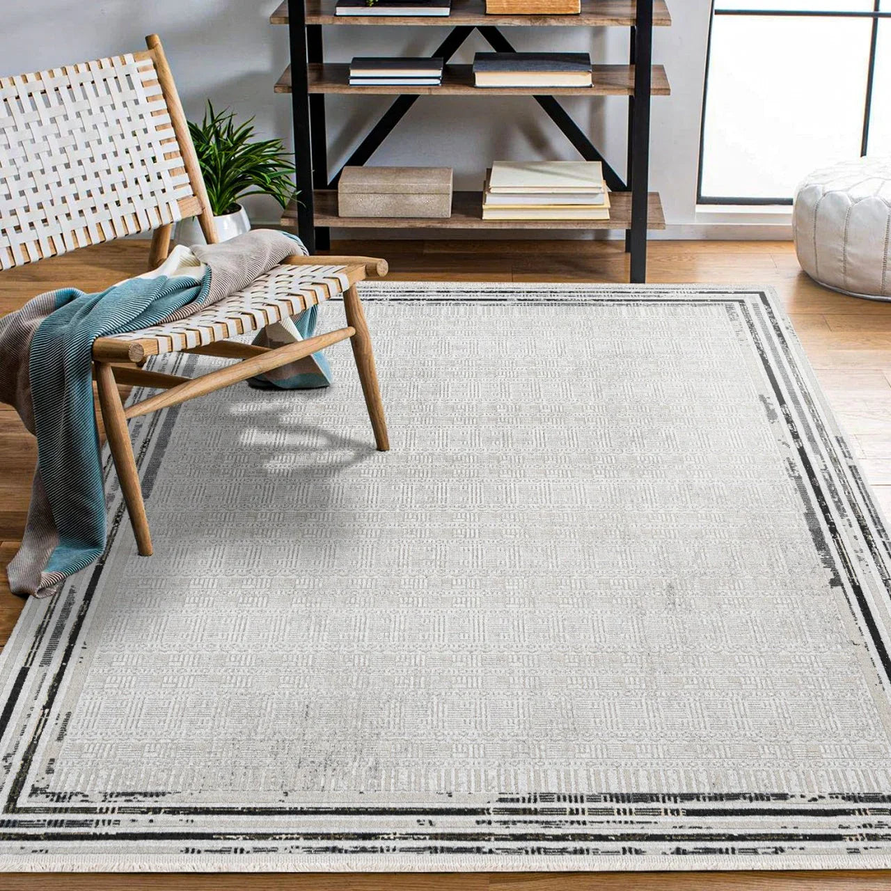Antrasit Beyaz Bordürlü Minimalist Halı - Yıkanabilir - Kaymaz Taban - Pati Dostu