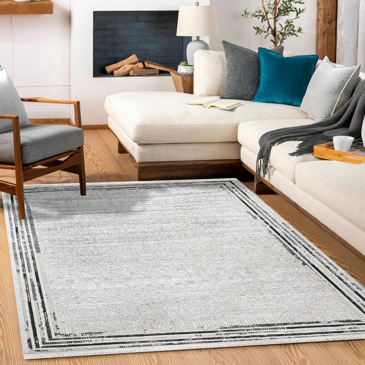 Antrasit Beyaz Bordürlü Minimalist Halı - Yıkanabilir - Kaymaz Taban - Pati Dostu