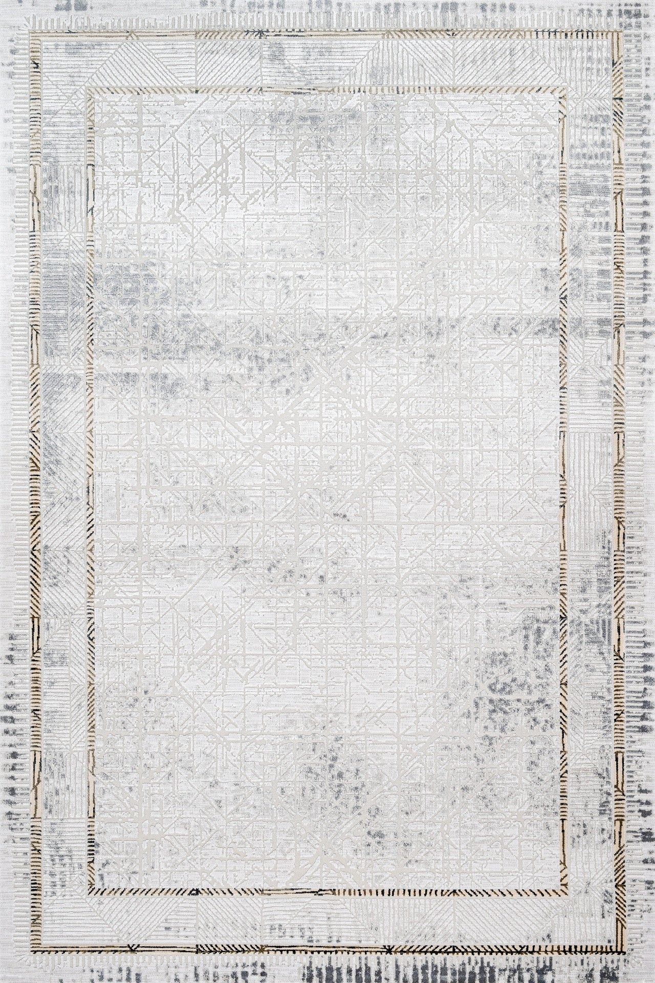 Beyaz Gold Eskitme Geometrik Halı - Yıkanabilir - Kaymaz Taban - Pati Dostu