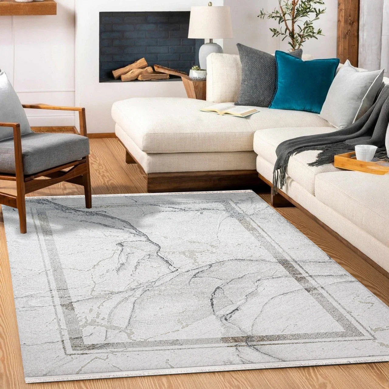 Beyaz Gri Mermer Desenli Minimalist Halı - Yıkanabilir - Kaymaz Taban - Pati Dostu