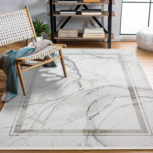 Beyaz Gri Mermer Desenli Minimalist Halı - Yıkanabilir - Kaymaz Taban - Pati Dostu