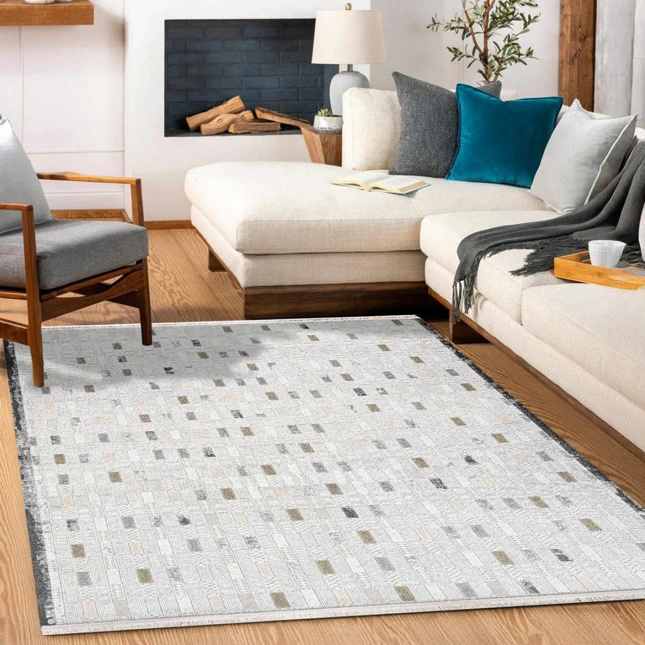 Beyaz Gri Geometrik Minimalist Desenli Triko Halı - Pati Dostu - Toz Vermez