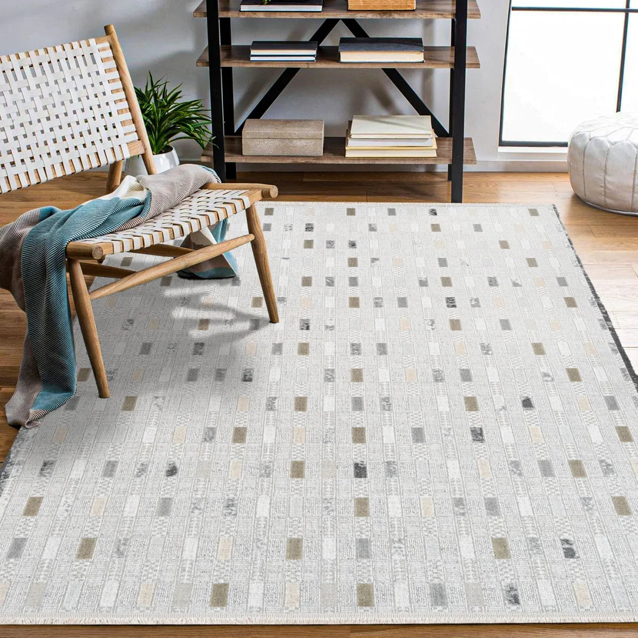 Beyaz Gri Geometrik Minimalist Desenli Triko Halı - Pati Dostu - Toz Vermez