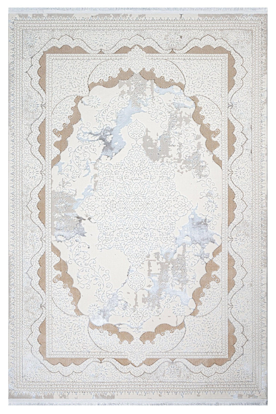 Weißer Teppich mit klassischem Medaillon in Beige & Blau – im Wohnzimmer