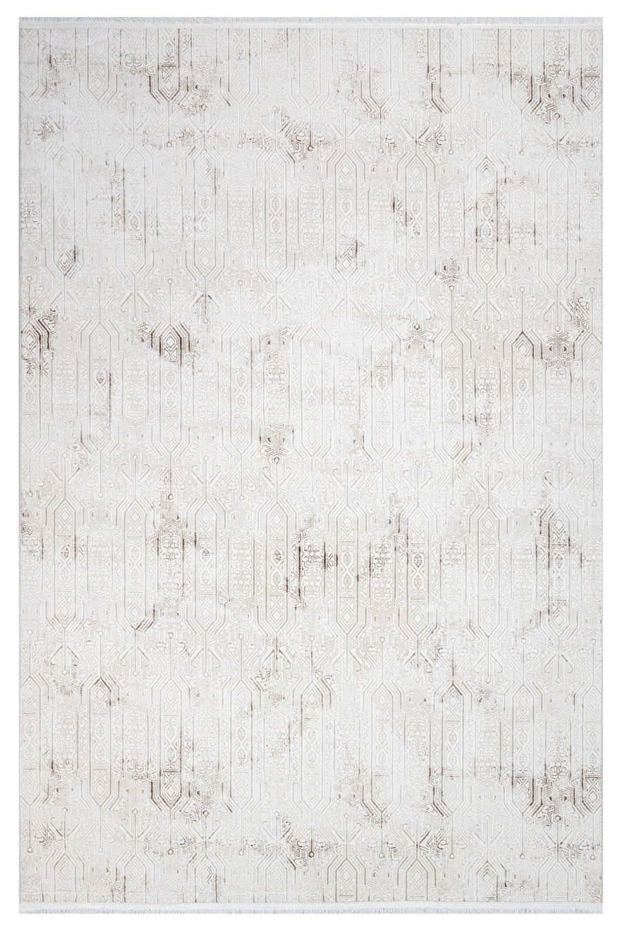 Weißer Teppich mit grauem geometrischem Muster im Vintage-Look – im Wohnzimmer
