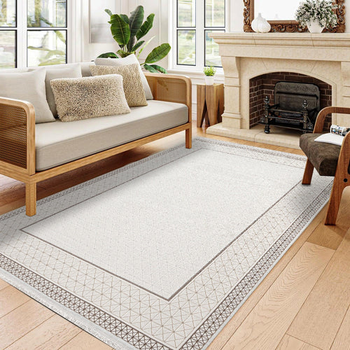 Aleena Beyaz Çerçeveli Polyester Makine Halısı