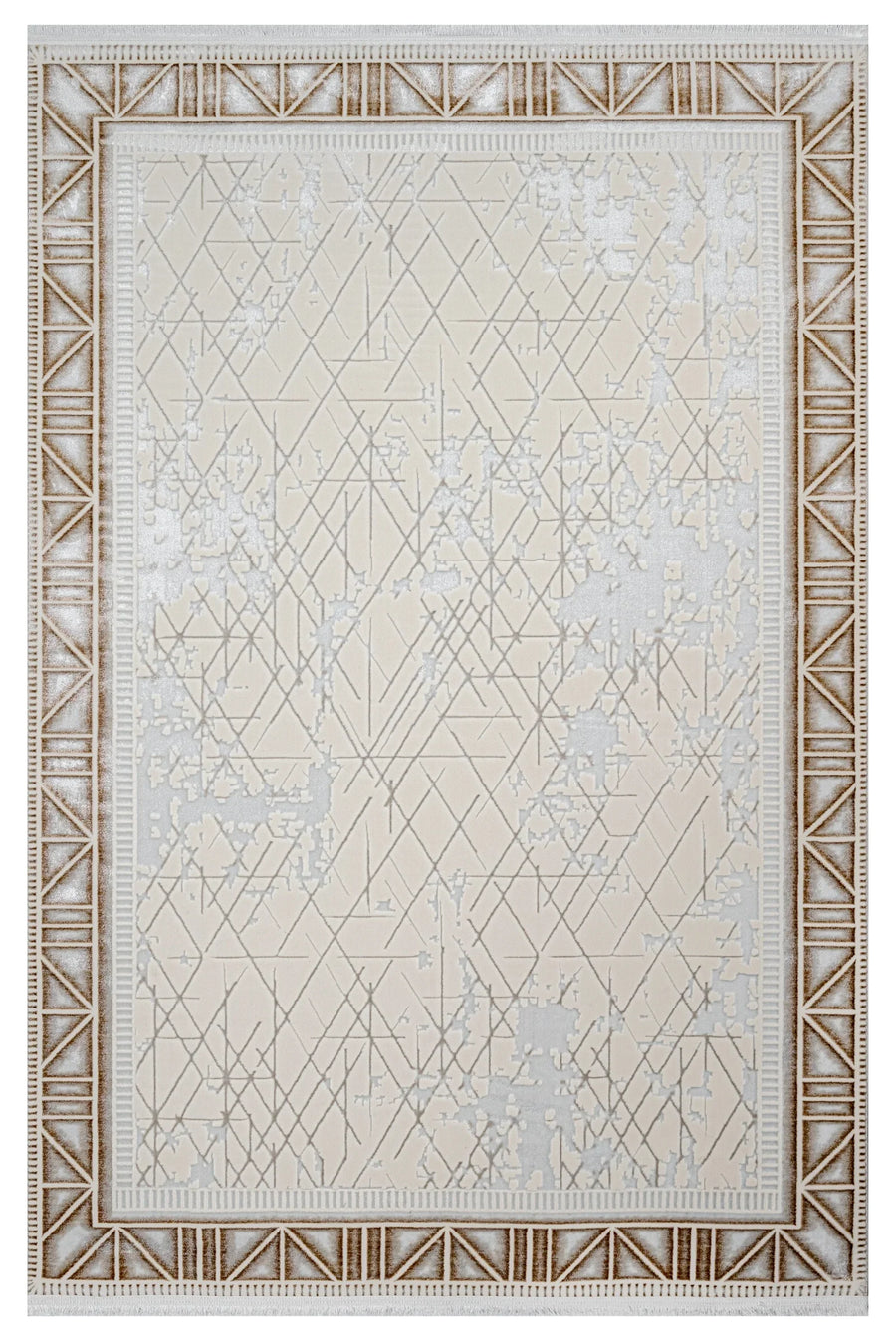 Cremefarbener Teppich im Vintage-Stil mit geometrischem Muster – im Wohnzimmer