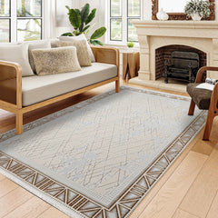 Emerie Beyaz Çerçeveli Polyester Makine Halısı