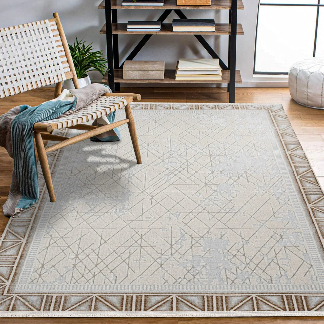 Bej Beyaz Bordürlü Minimalist Halı - Yıkanabilir - Kaymaz Taban - Pati Dostu