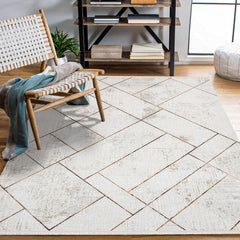 Salem Bej Geometrik Çizgili Polyester Makine Halısı