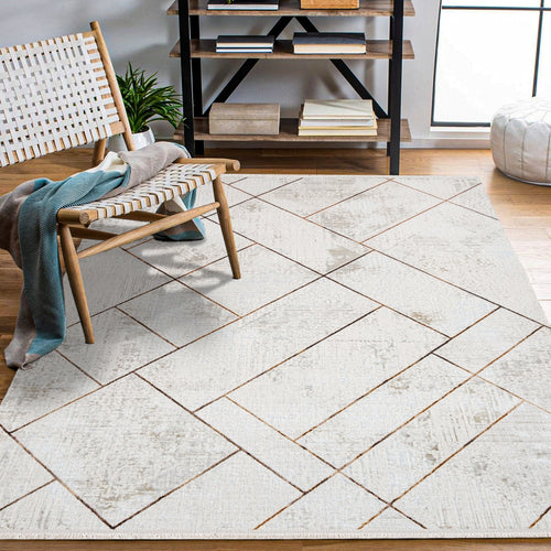 Salem Bej Geometrik Çizgili Polyester Makine Halısı