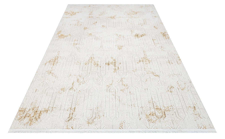 Waschbarer Teppich in Creme & Beige mit geometrischem Vintage-Muster – im Wohnzimmer