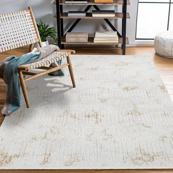 Bej Krem Geometrik Minimalist Halı - Yıkanabilir - Kaymaz Taban - Pati Dostu