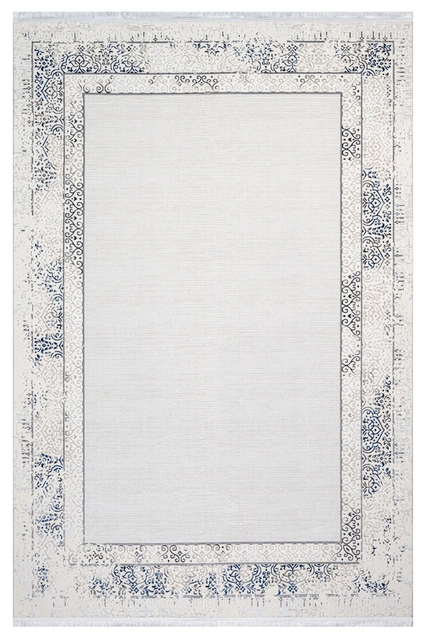 Beyaz Gri Bordürlü Sade Tasarım Triko Halı - Pati Dostu - Toz Vermez