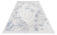 Rhea Cream Blue Distressed Polyester Machine Made Rug