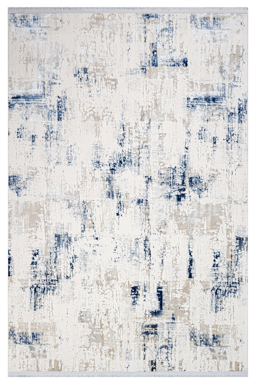 Waschbarer Teppich in Creme mit abstraktem Muster in Marineblau – im Wohnzimmer