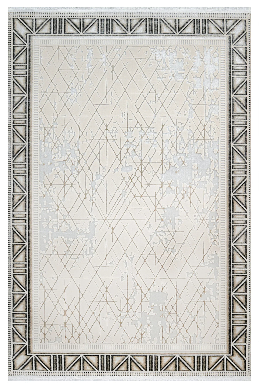 Cremefarbener Teppich mit grauem geometrischem Muster – im Wohnzimmer