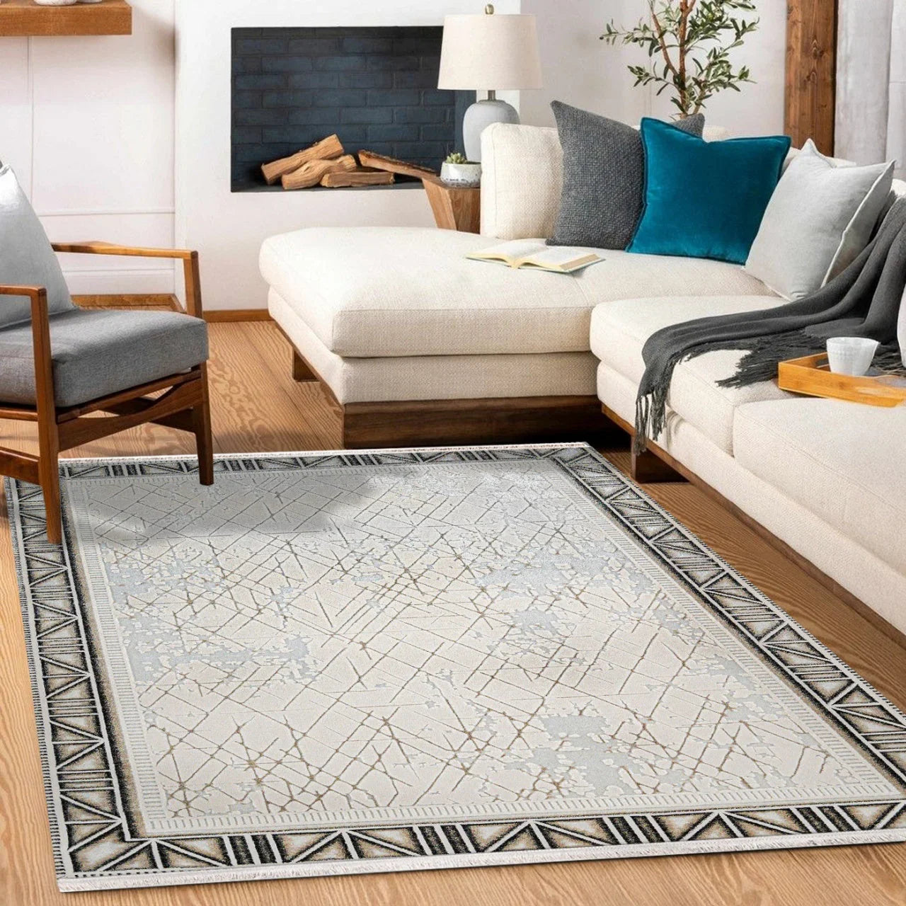 Bej Gold Bordürlü Minimalist Halı - Yıkanabilir - Kaymaz Taban - Pati Dostu