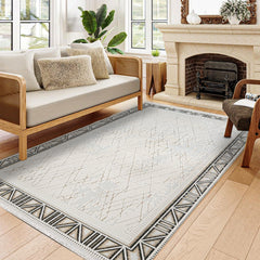 Skyla Krem Gri Çerçeveli Polyester Makine Halısı