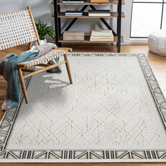 Skyla Krem Gri Çerçeveli Polyester Makine Halısı